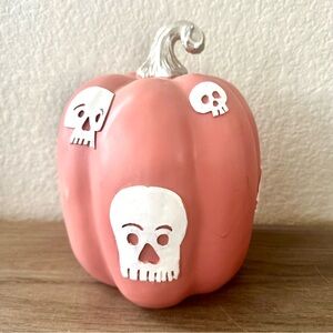 Halloween Decoration Pink Pumpkin with White Skull Accents